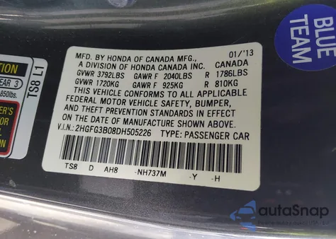 2013 Honda Civic Ex-L z USA, uszkodzony, nr VIN 2HGFG3B08DH505226